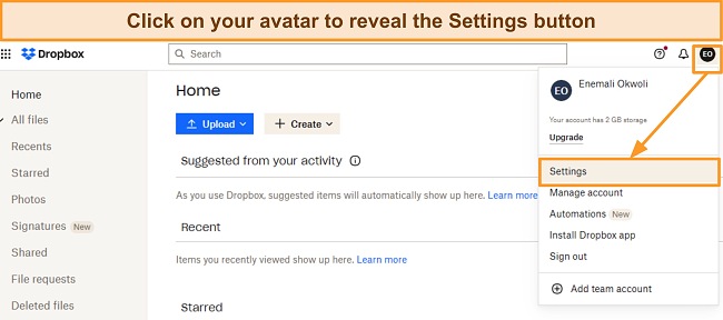 Screenshot showing Dropbox Settings button