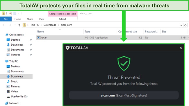 Screenshot of TotalAV's real-time protection blocking malware threat