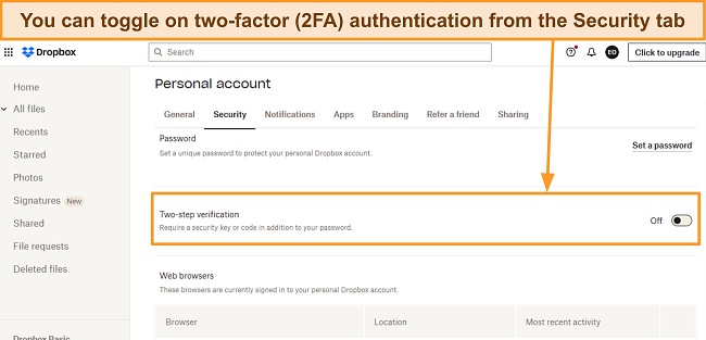 Screenshot of Dropbox's Security settings tab