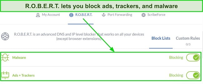 Screenshot of R.O.B.E.R.T blocking categories