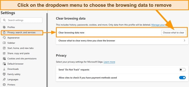 Screenshot showing how to clear browsing data on Microsoft Edge
