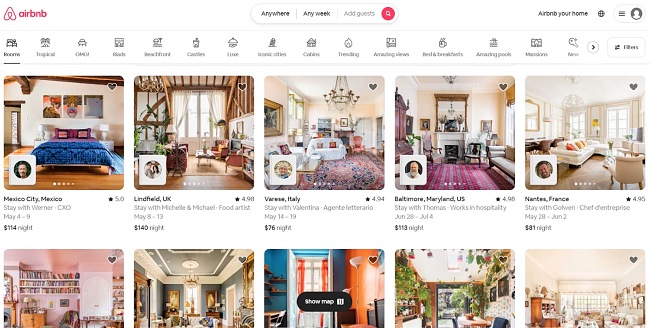 Екранна снимка на началната страница на Airbnb