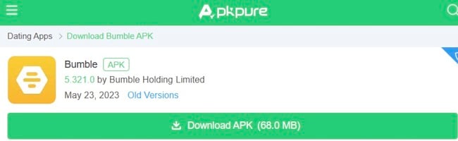 Screenshot der Bumble-Download-APK-Schaltfläche