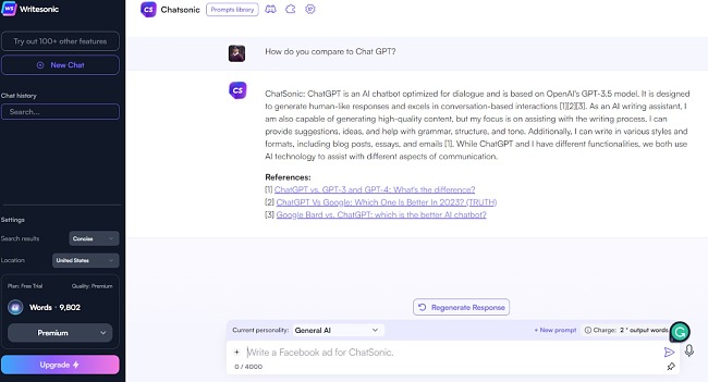 Schermata della finestra di chat di ChatSonic