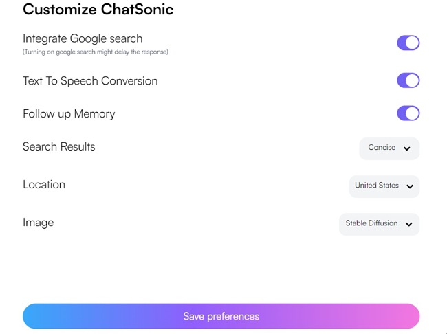 צילום מסך של ChatSonic שמירת העדפות