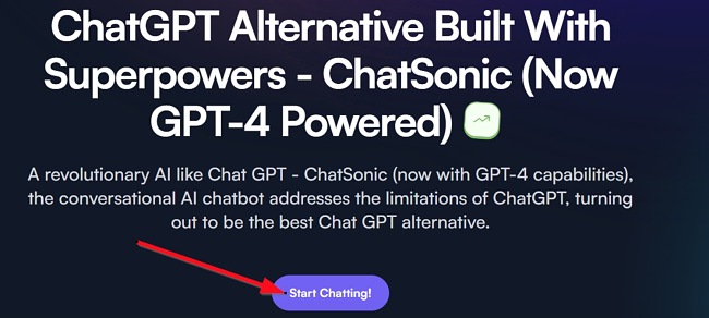ChatSonic snimka zaslona za početak čavrljanja