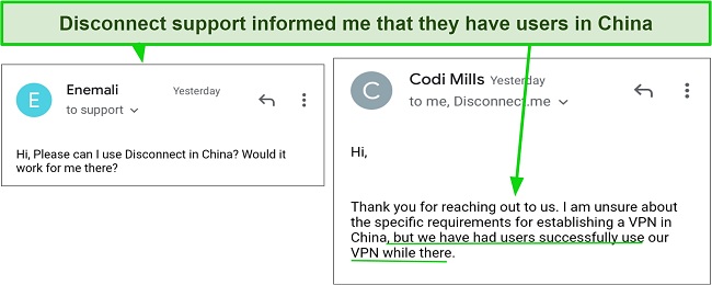 Screenshot of Disconnect support informing me that its VPN works in China