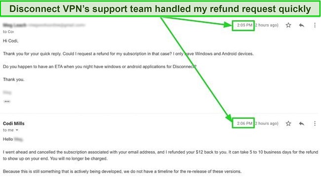Screenshot of an email conversation about refunds with Disconnect Premium customer service