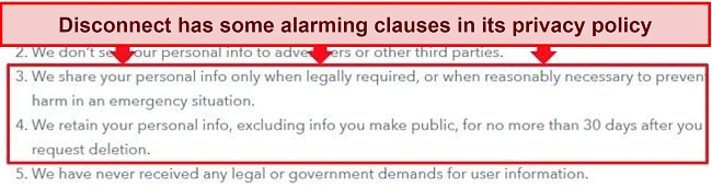 Screenshot of Disconnect premium's privacy policy highlighting that it shares customer information with law enforcement
