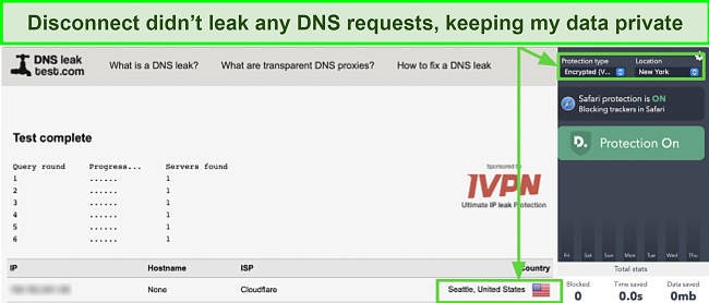 Screenshot of Disconnect Premium passing a DNS leak test while connected to a server in the US