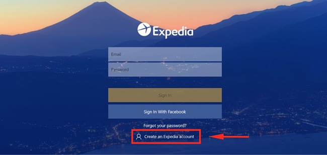 Екранна снимка за създаване на акаунт в Expedia