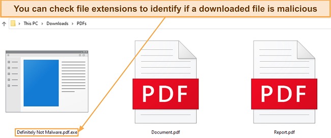 Screenshot showing a suspicious PDF file that ends with the .exe file extension