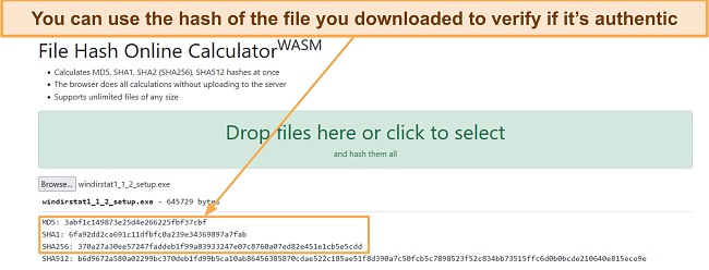 Screenshot showing the hash of a setup file