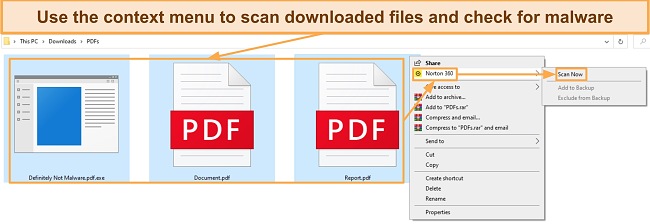 Screenshot showing how to scan specific files in Norton using the context menu