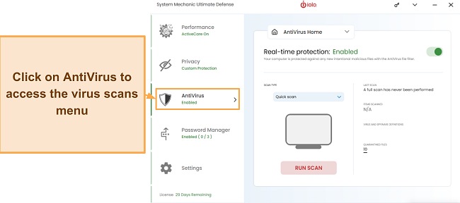 Screenshot showing how to access iolo's virus scans