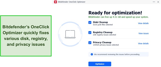 Screenshot showing Bitdefender's OneClick optimizer scan results