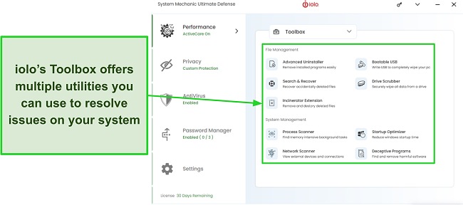 Screenshot showing the various optimization, repair, and security tools in iolo's Toolbox