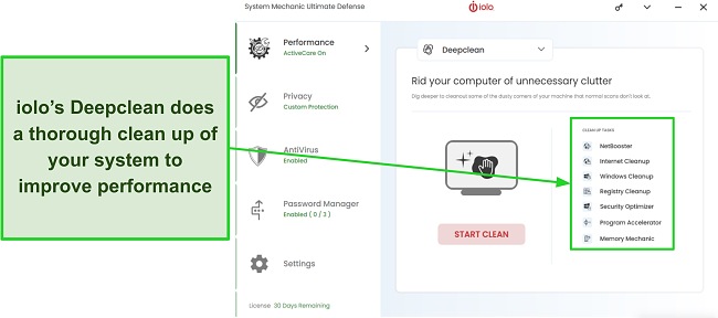 Screenshot showing the areas iolo's Deepclean feature scans on your computer
