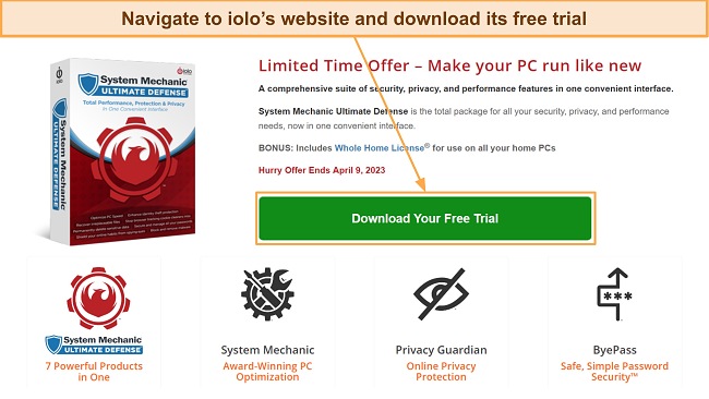 Screenshot showing how to download iolo's free trial from its website