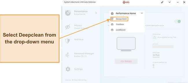 Screenshot showing how to access iolo's Deepclean scan