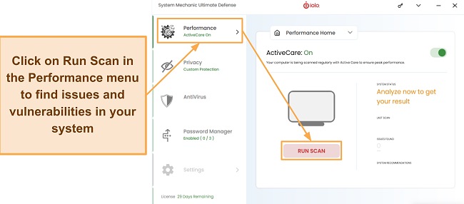 Screenshot showing how to scan your system for vulnerabilities and repairs using iolo