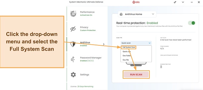 Screenshot showing how to access iolo's virus scans