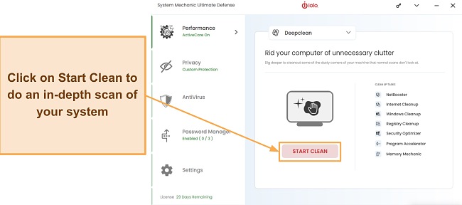 Screenshot showing how to start iolo's Deepclean scan