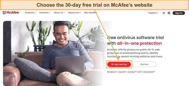 Screenshot showing the 30-day free trial option on McAfee's website