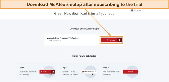 Screenshot showing the download button after subscribing to McAfee's free trial