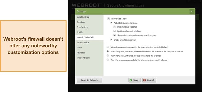 Screenshot of Webroot's firewall settings