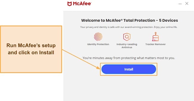 Screenshot showing the first step of McAfee's setup