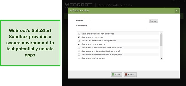 Screenshot of Webroot's SafeStart Sandbox feature