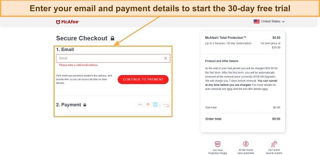 Screenshot showing the sign-up page for McAfee's 30-day free trial