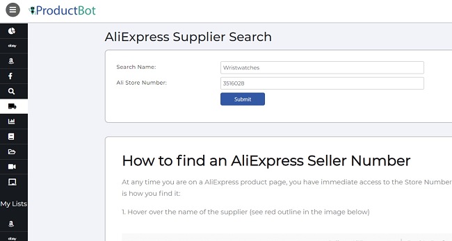 ProductBot supplier search screenshot