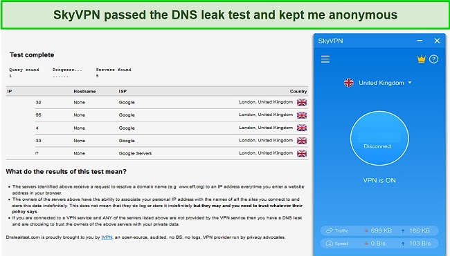 Screenshot of SkyVPN passing the DNS leak test