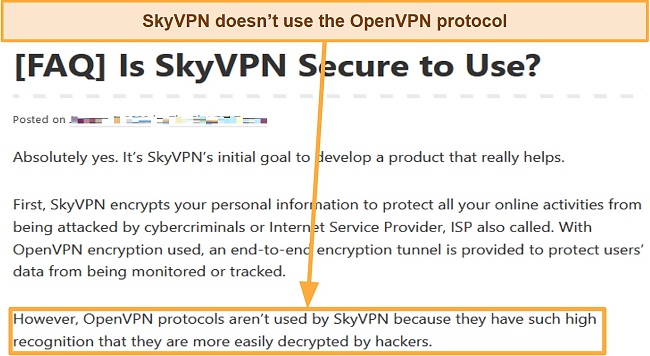 Screenshot of SkyVPN claiming not to use the OpenVPN protocol