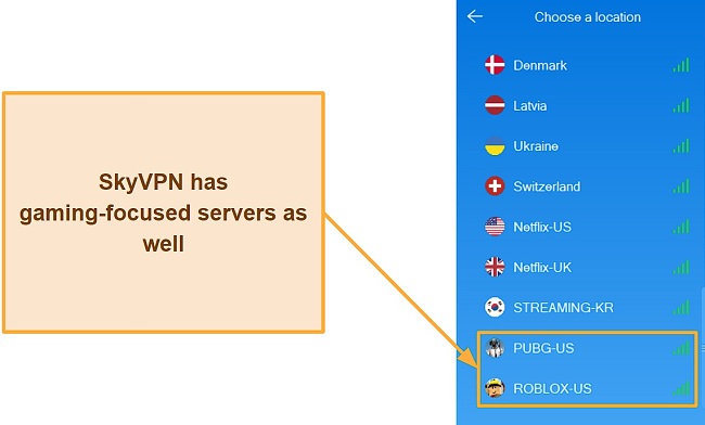 Screenshot of SkyVPN's gaming servers