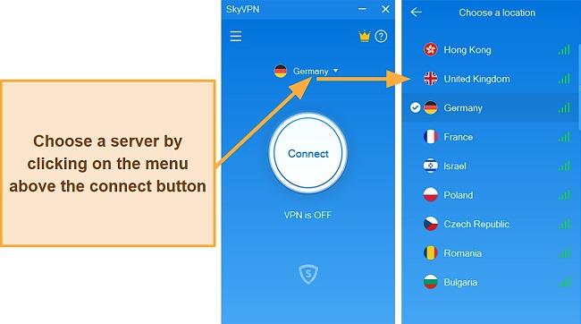 Screenshot showing SkyVPN's screen for choosing a server