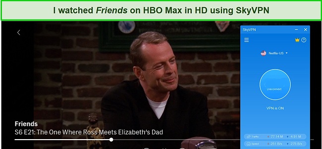 Screenshot of Friends playing on HBO Max while SkyVPN is connected to a server in the US