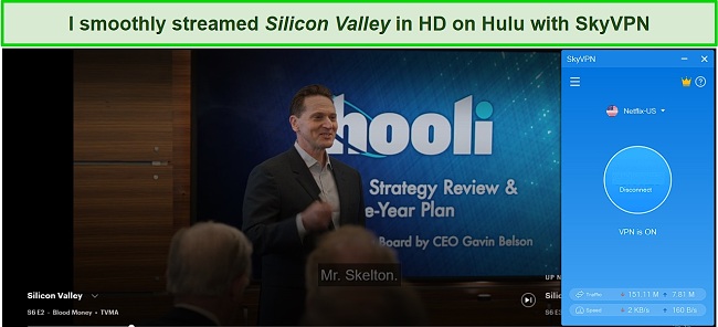 Screenshot of Silicon Valley playing on Hulu while SkyVPN is connected to a server in the US