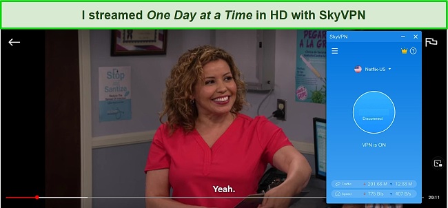 Screenshot of One Day at a Time playing on Netflix while SkyVPN is connected to a server in the US