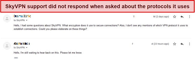 Screenshot of SkyVPN's unresponsive customer support