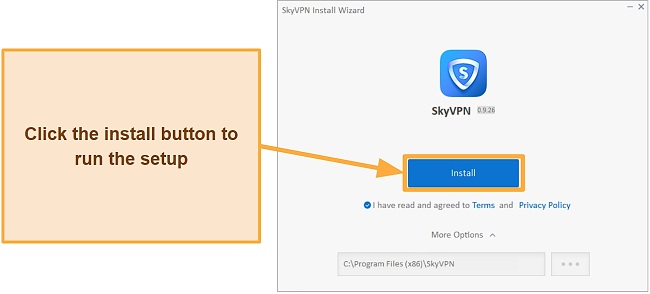 Screenshot showing the installation screen for SkyVPN on a Windows computer