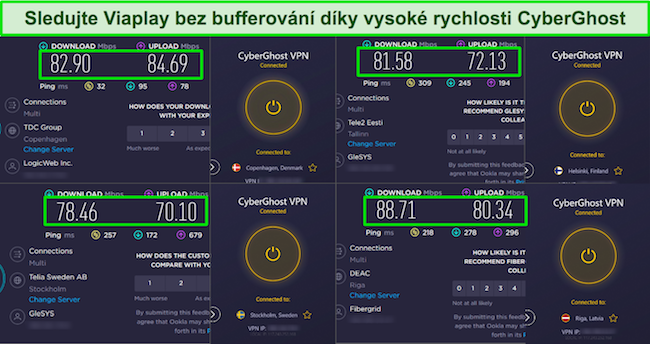 Snímek obrazovky s výsledky testu rychlosti CyberGhost při připojení k Dánsku, Finsku, Švédsku a Lotyšsku