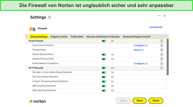 Screenshot der Firewall-Einstellungen von Norton