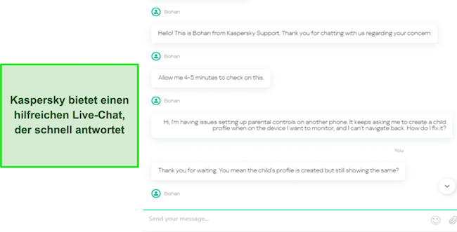 Screenshot eines Gesprächs mit dem Live-Chat-Support von Kaspersky