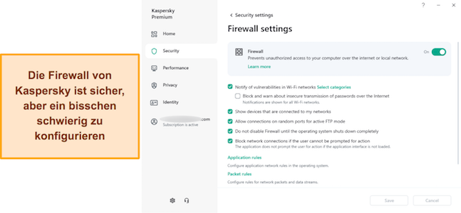 Screenshot der Firewall-Einstellungen von Kaspersky