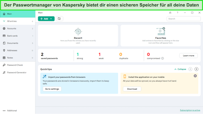 Screenshot des Passwort-Managers von Kaspersky