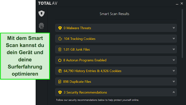 Screenshot des intelligenten Scans von TotalAV zur Identifizierung von Optimierungsproblemen