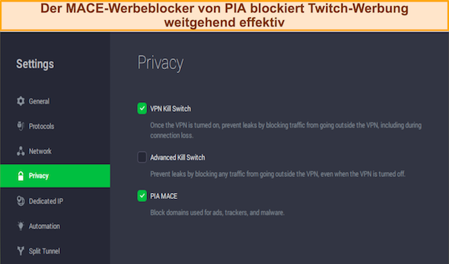 Screenshot der MACE-Werbeblocker-Einstellungen von PIA VPN im Zusammenhang mit der Blockierung von Twitch-Werbung